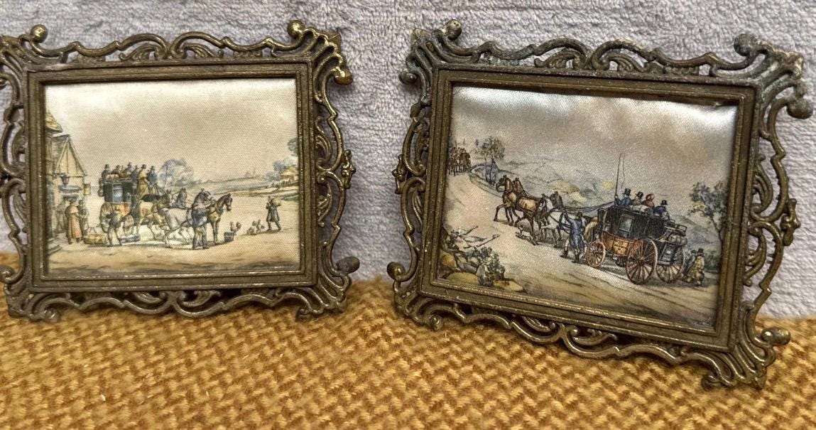 Vintage Silk Prints, Horse Carriage Scenes, Ornate Metal Frames (Set of 2)