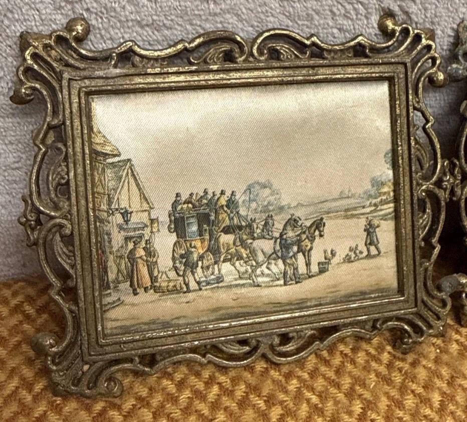Vintage Silk Prints, Horse Carriage Scenes, Ornate Metal Frames (Set of 2)