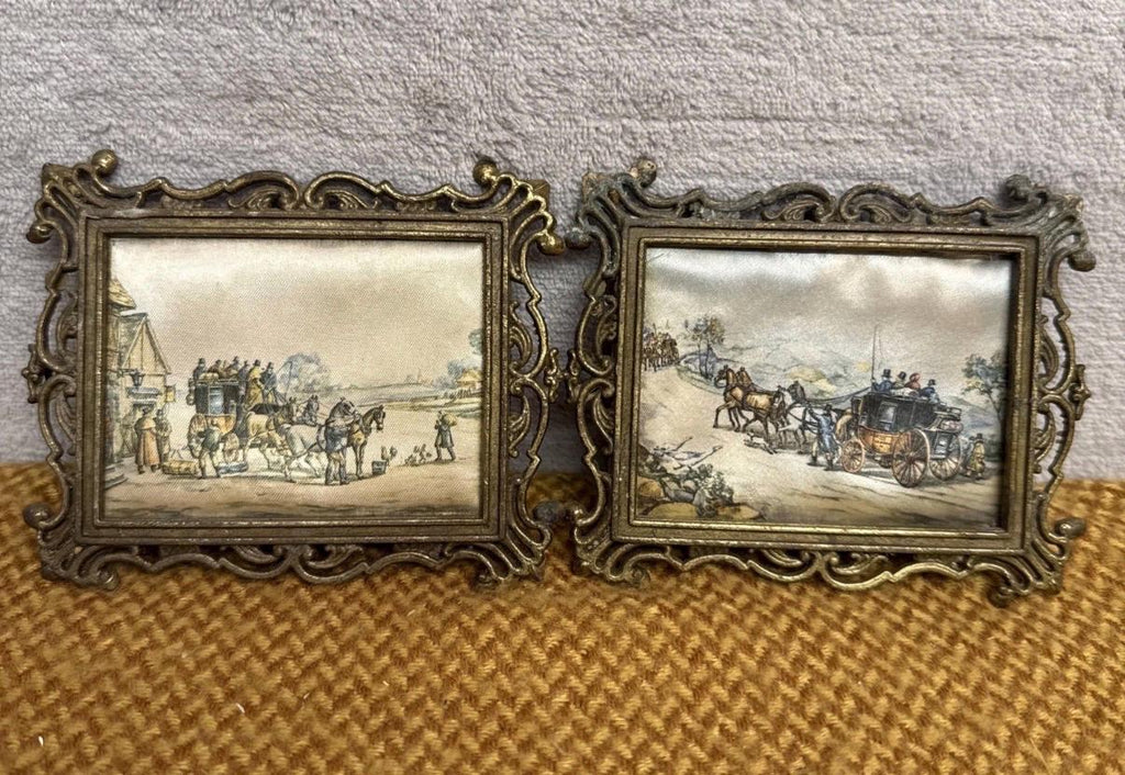 Vintage Silk Prints, Horse Carriage Scenes, Ornate Metal Frames (Set of 2)