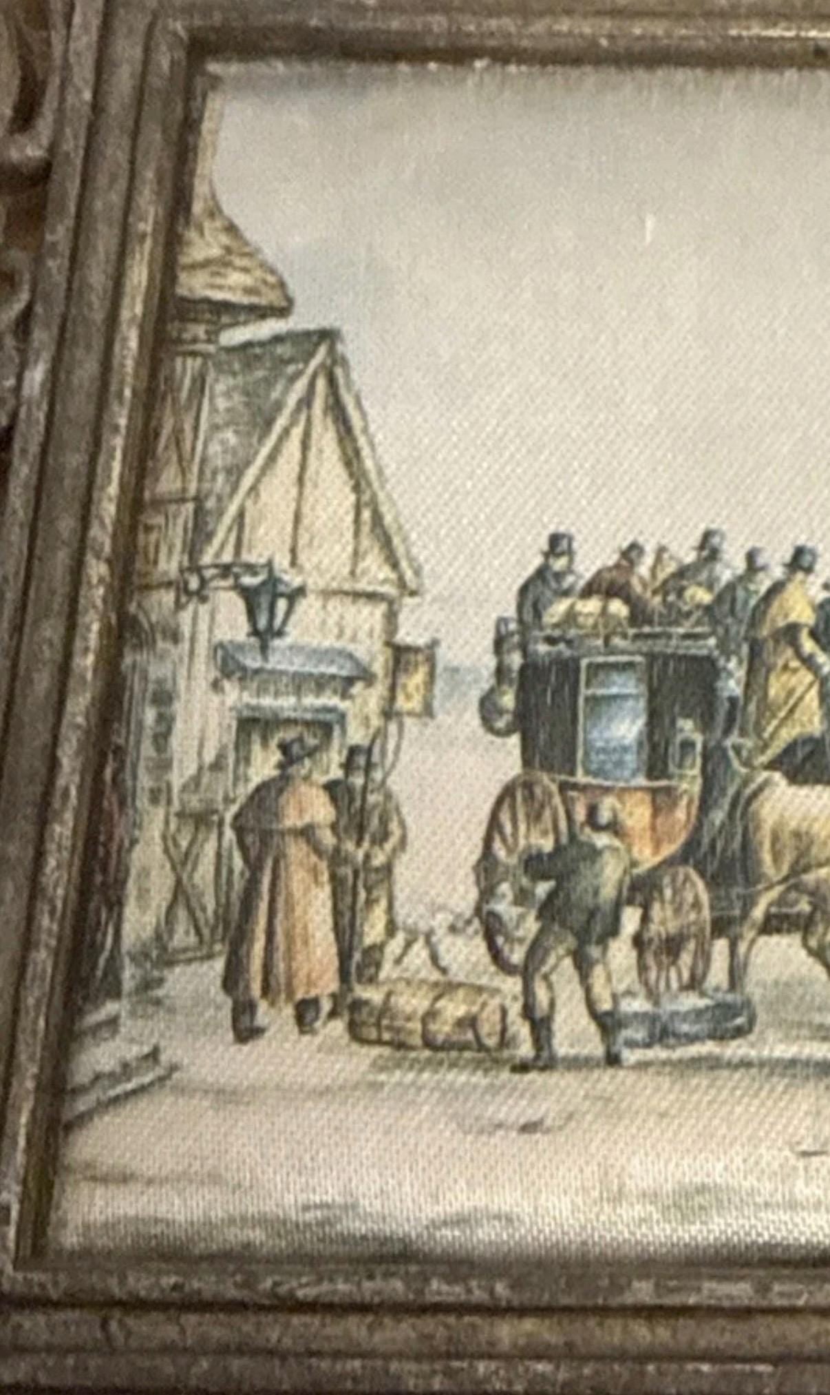 Vintage Silk Prints, Horse Carriage Scenes, Ornate Metal Frames (Set of 2)