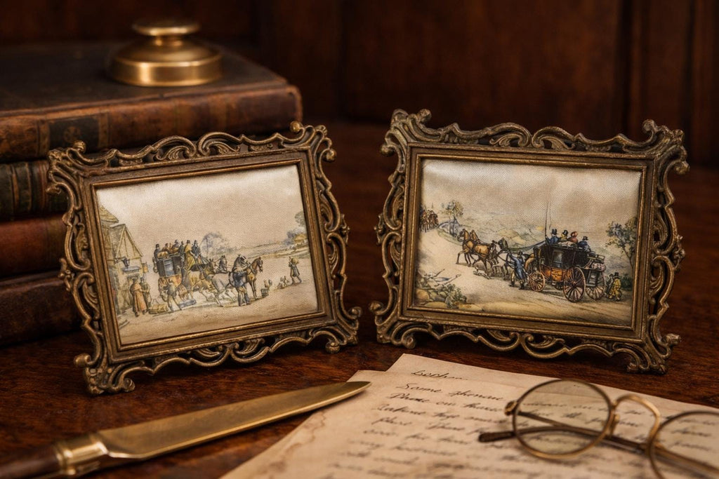 Vintage Silk Prints, Horse Carriage Scenes, Ornate Metal Frames (Set of 2)