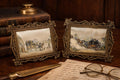 Vintage Silk Prints, Horse Carriage Scenes, Ornate Metal Frames (Set of 2)