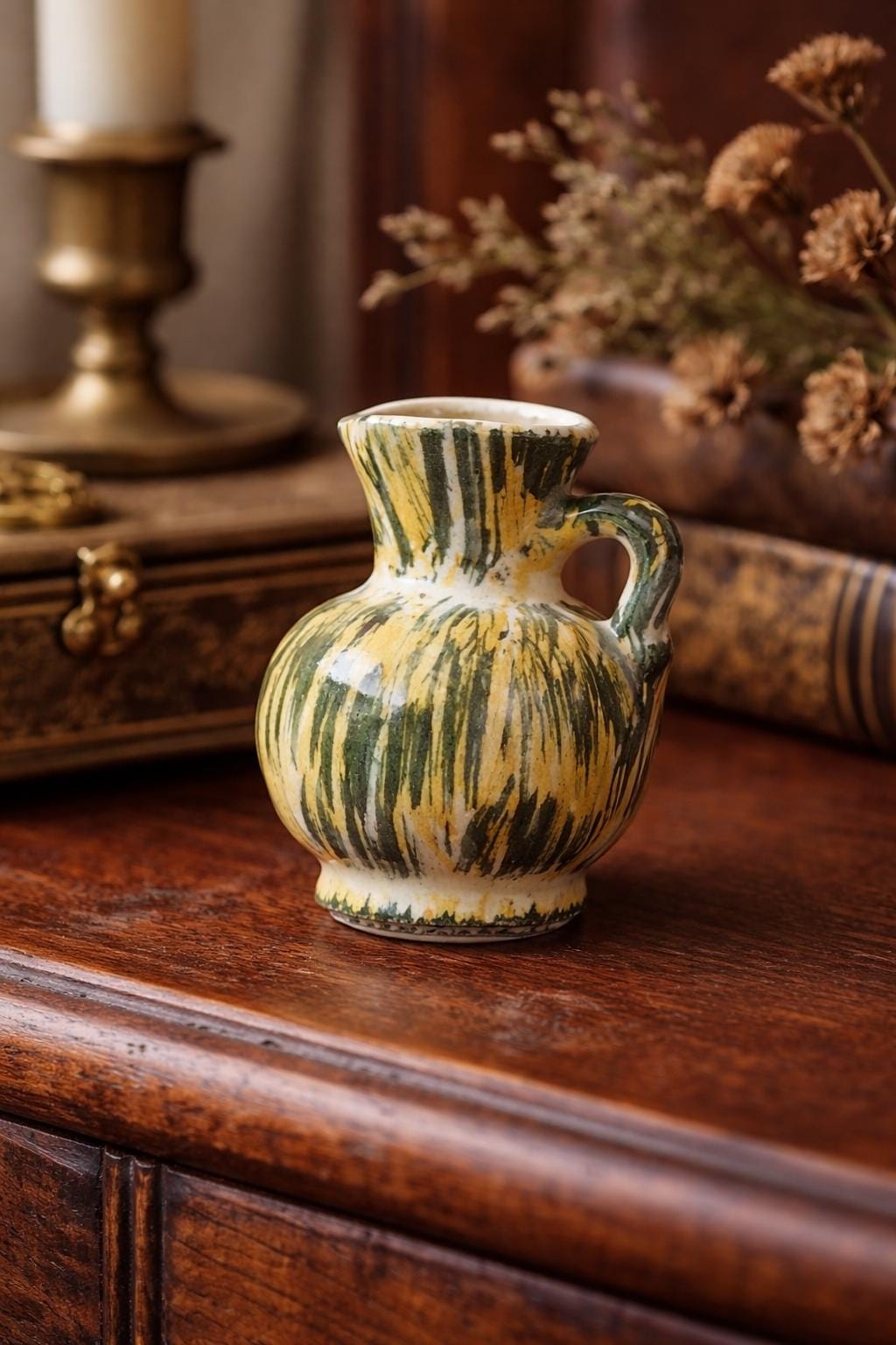 Vintage Miniature Jug | Hand-Painted Drip Glaze Pottery, Rustic Cottage Decor