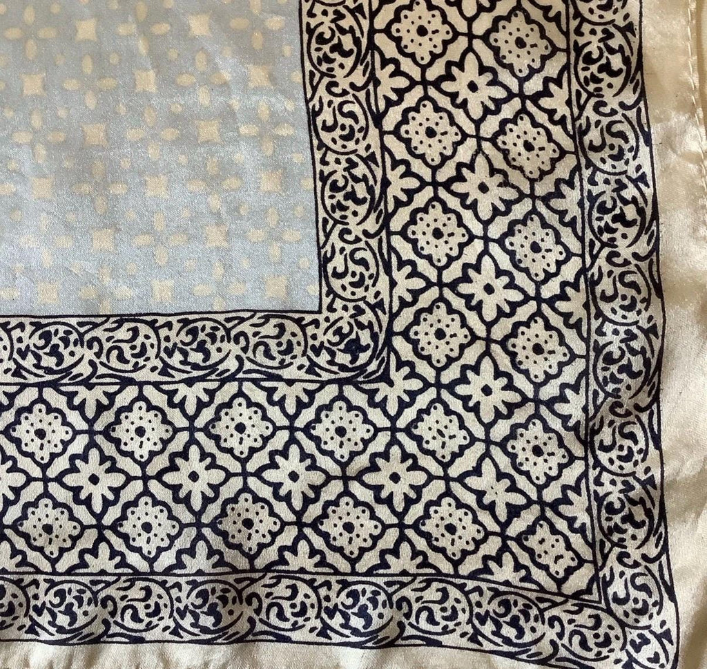 Vintage 100% Silk Scarf | Black White Geometric Border Neckerchief