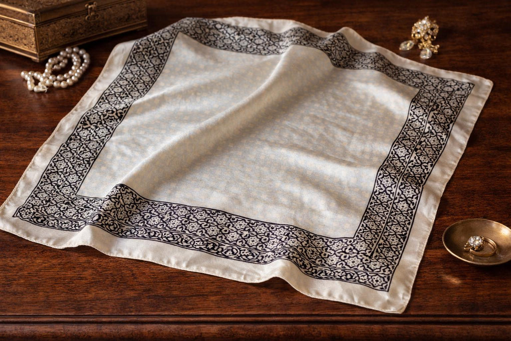 Vintage 100% Silk Scarf | Black White Geometric Border Neckerchief