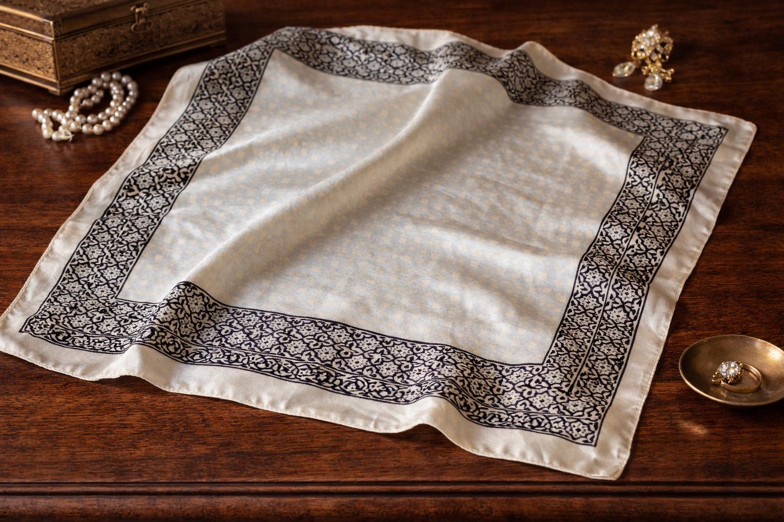 Vintage 100% Silk Scarf | Black White Geometric Border Neckerchief