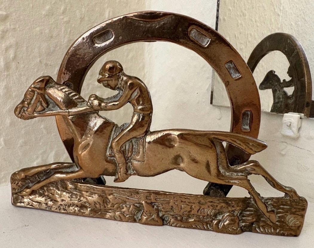 Vintage Brass Horse Racing Letter Rack | Jockey Horseshoe Desk Organizer