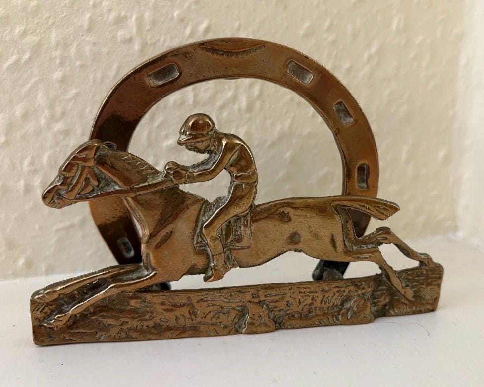 Vintage Brass Horse Racing Letter Rack | Jockey Horseshoe Desk Organizer