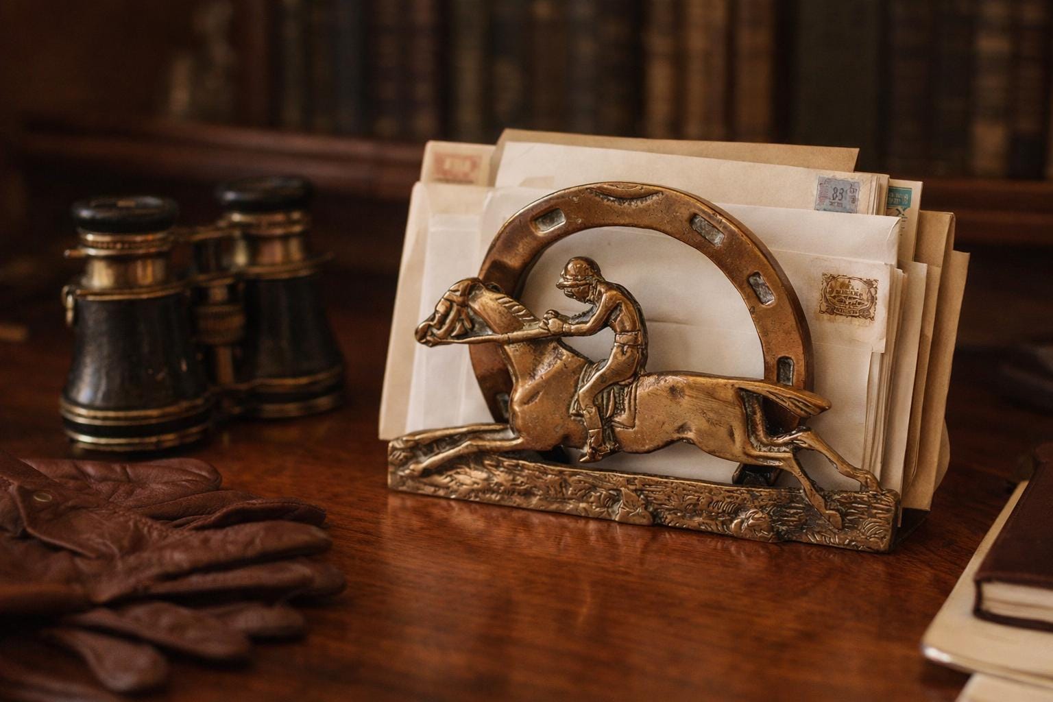 Vintage Brass Horse Racing Letter Rack | Jockey Horseshoe Desk Organizer