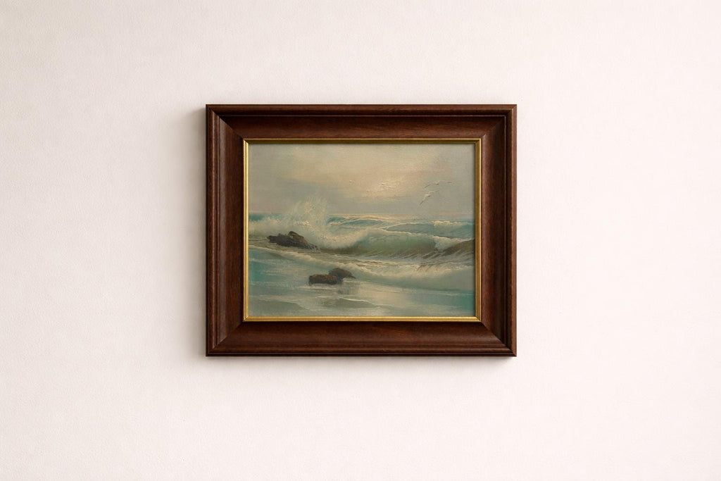 Vintage Seascape Oil Painting | Framed Coastal Wave Artwork, Traditional Marine Art
