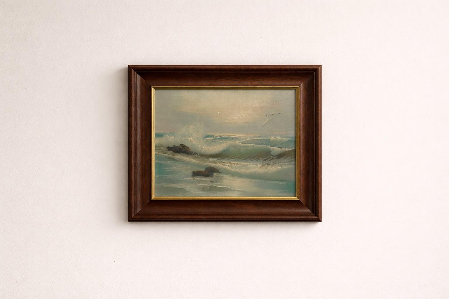 Vintage Seascape Oil Painting | Framed Coastal Wave Artwork, Traditional Marine Art