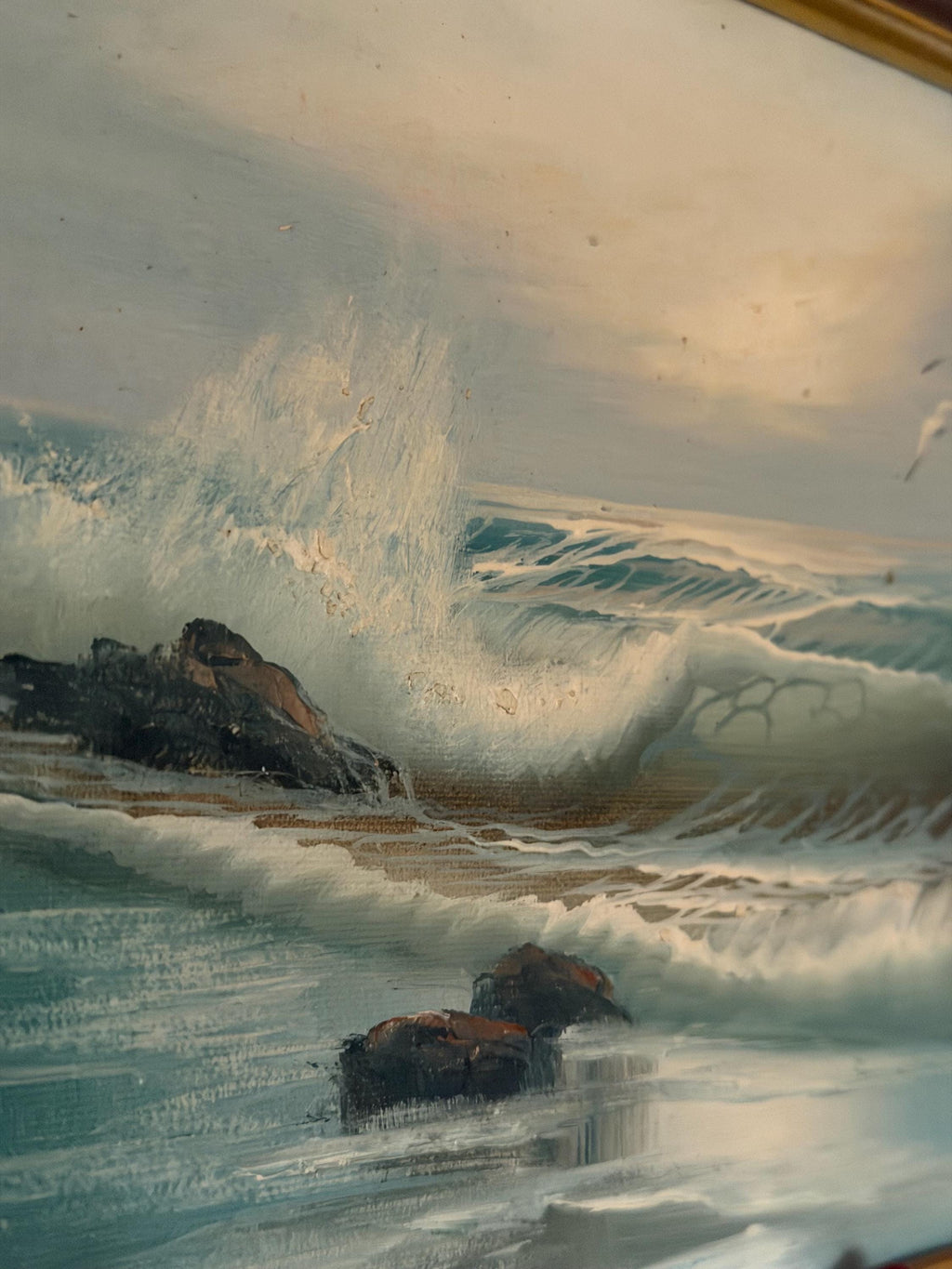Vintage Seascape Oil Painting | Framed Coastal Wave Artwork, Traditional Marine Art