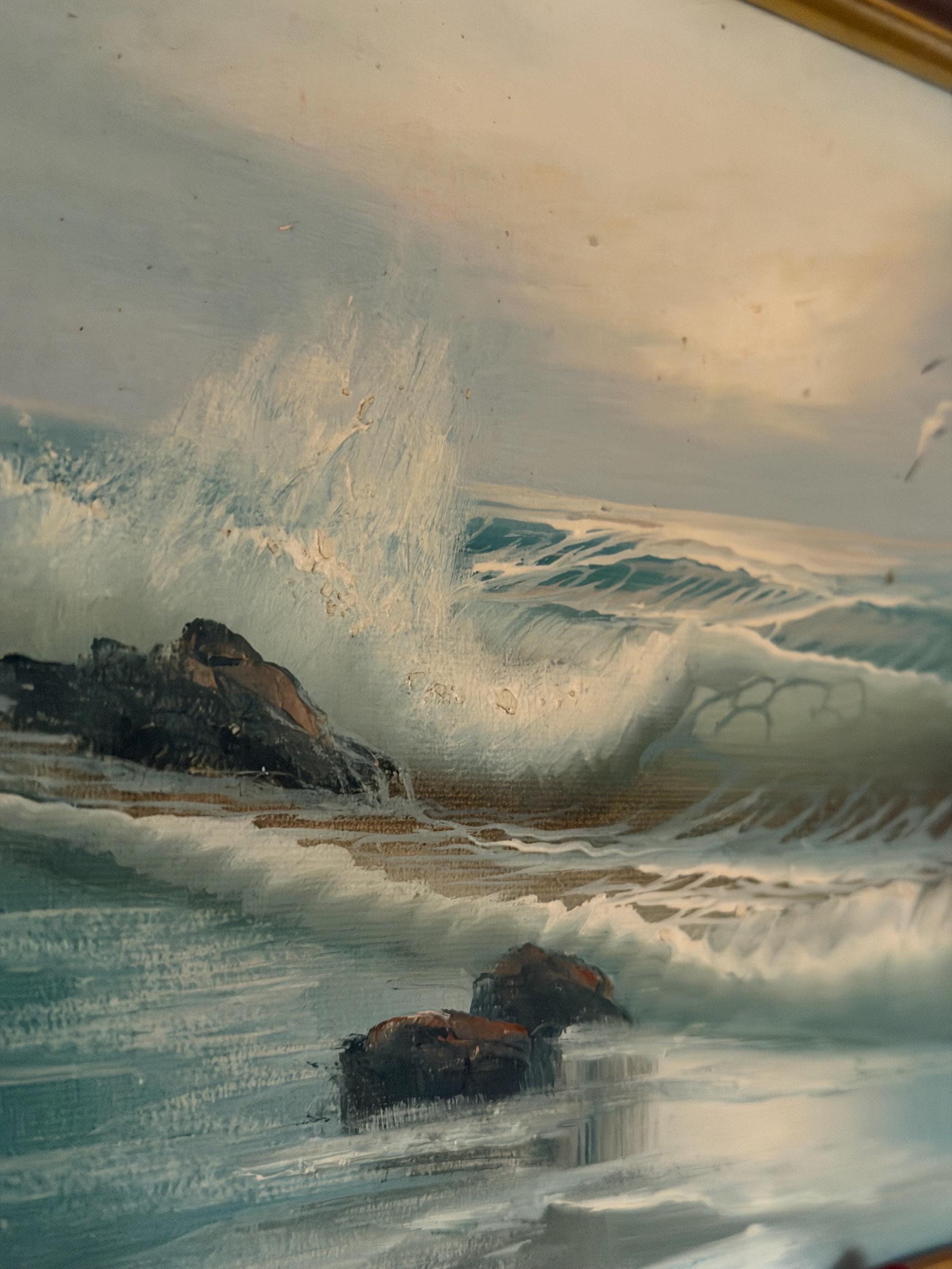 Vintage Seascape Oil Painting | Framed Coastal Wave Artwork, Traditional Marine Art