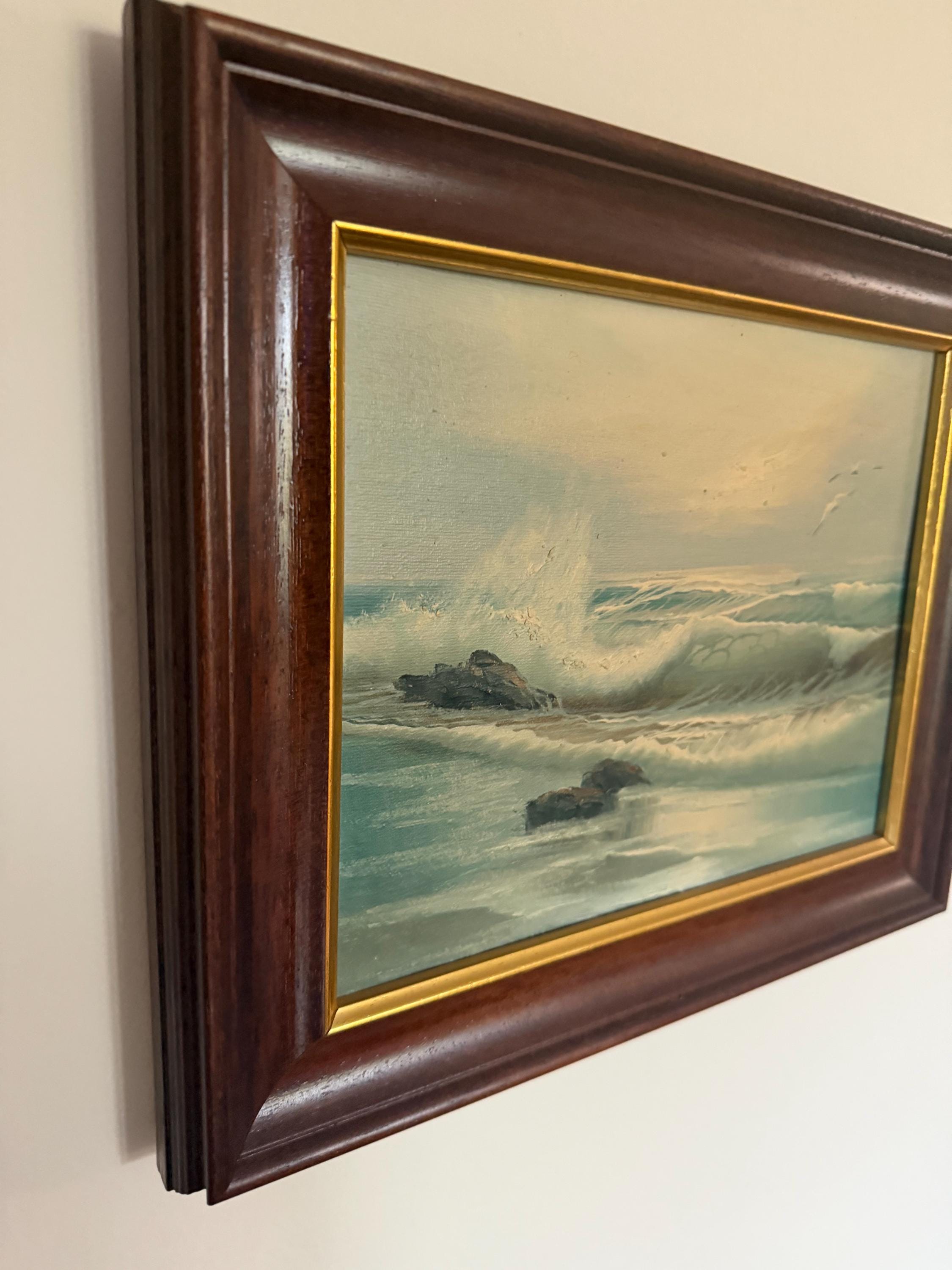 Vintage Seascape Oil Painting | Framed Coastal Wave Artwork, Traditional Marine Art