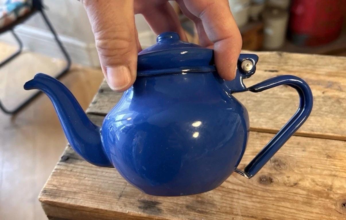 Vintage Blue Enamel Teapot | Small Rustic Kitchenalia, Farmhouse Decor
