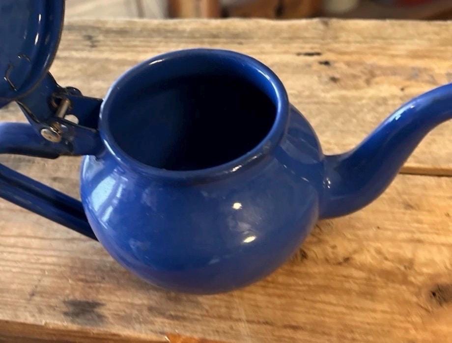 Vintage Blue Enamel Teapot | Small Rustic Kitchenalia, Farmhouse Decor