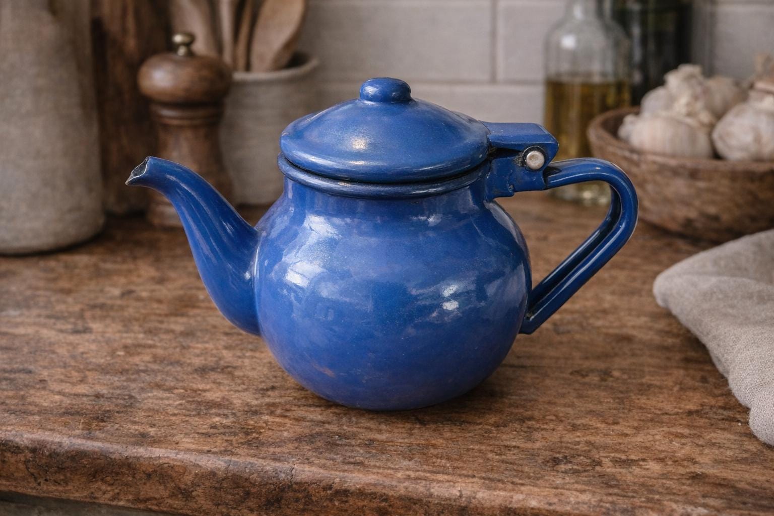 Vintage Blue Enamel Teapot | Small Rustic Kitchenalia, Farmhouse Decor