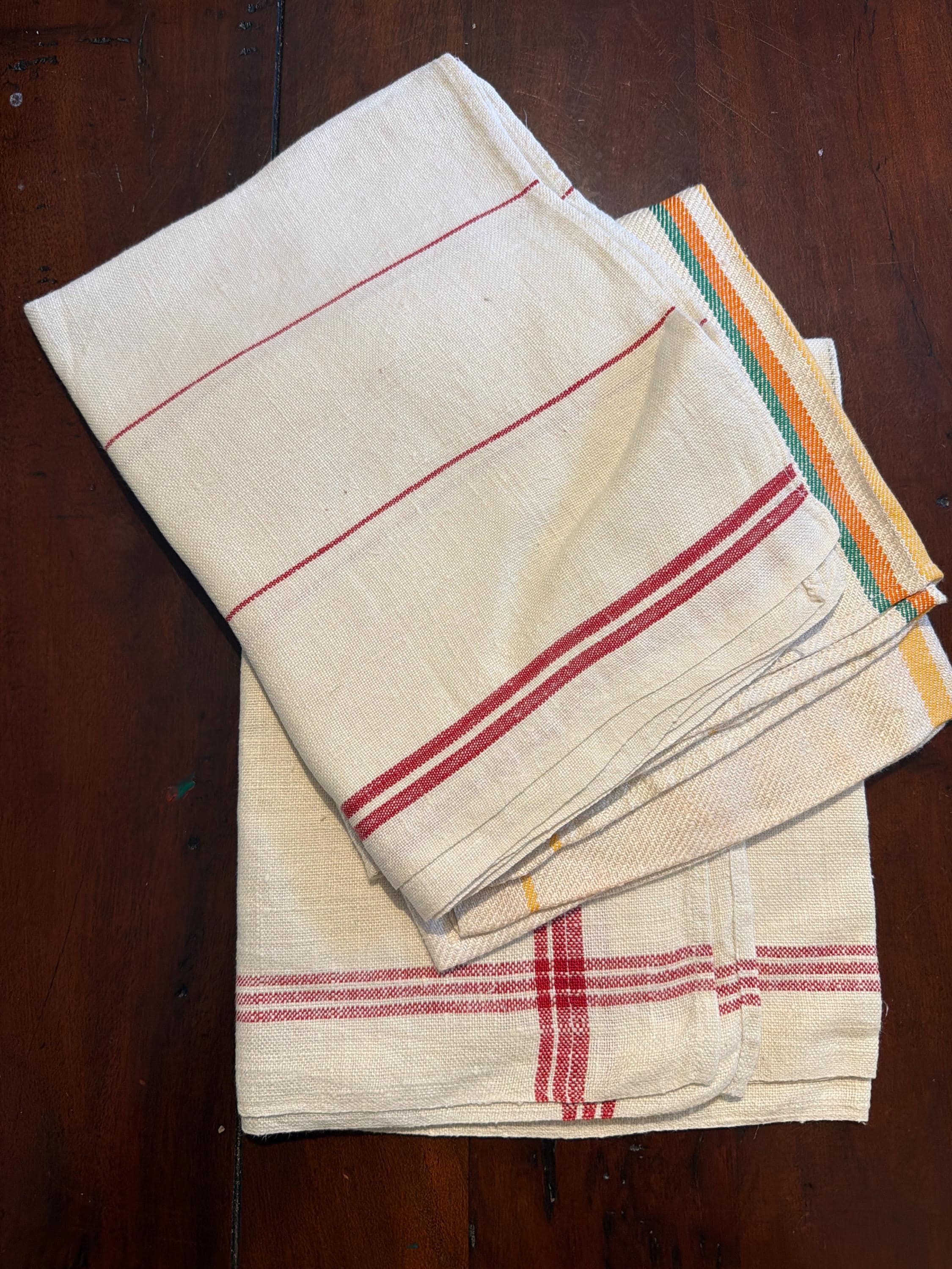 Set of 3 Vintage French Linen Tea Towels | Rustic Striped Kitchen Decor