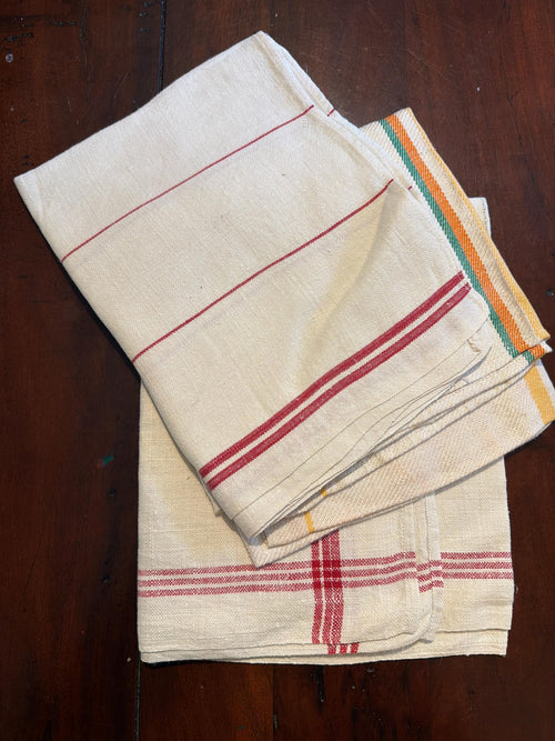 Set of 3 Vintage French Linen Tea Towels | Rustic Striped Kitchen Decor