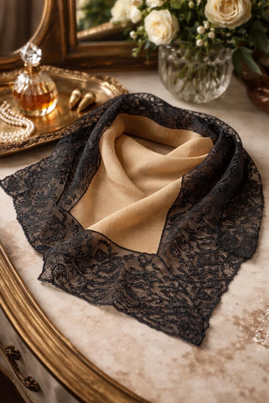 Vintage French Silk Neckerchief | Black Lace Trim Gold Bandana Scarf