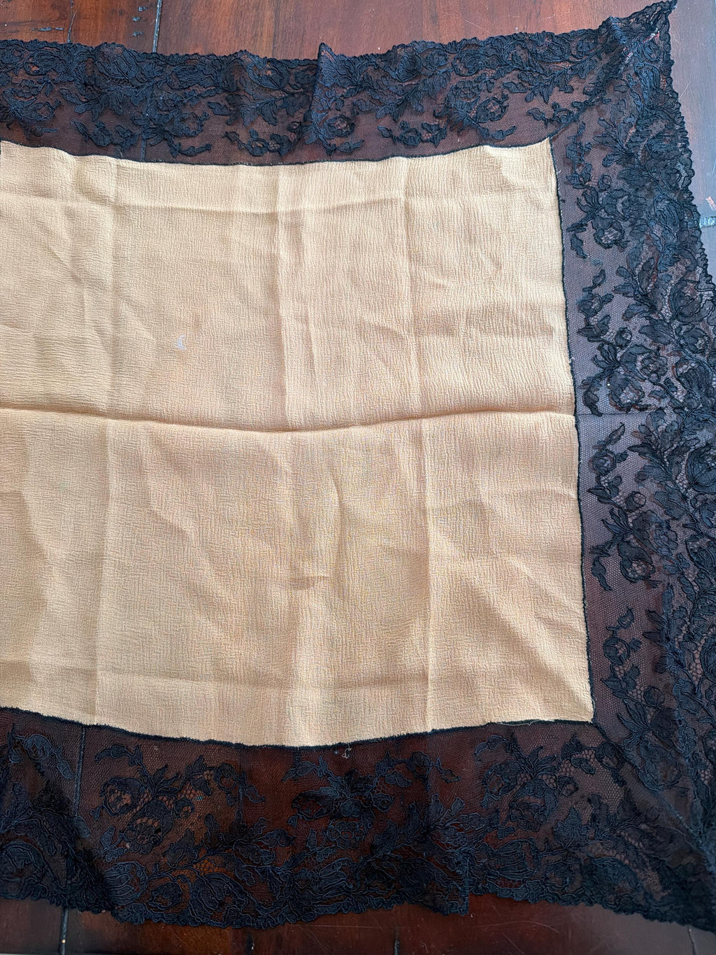 Vintage French Silk Neckerchief | Black Lace Trim Gold Bandana Scarf
