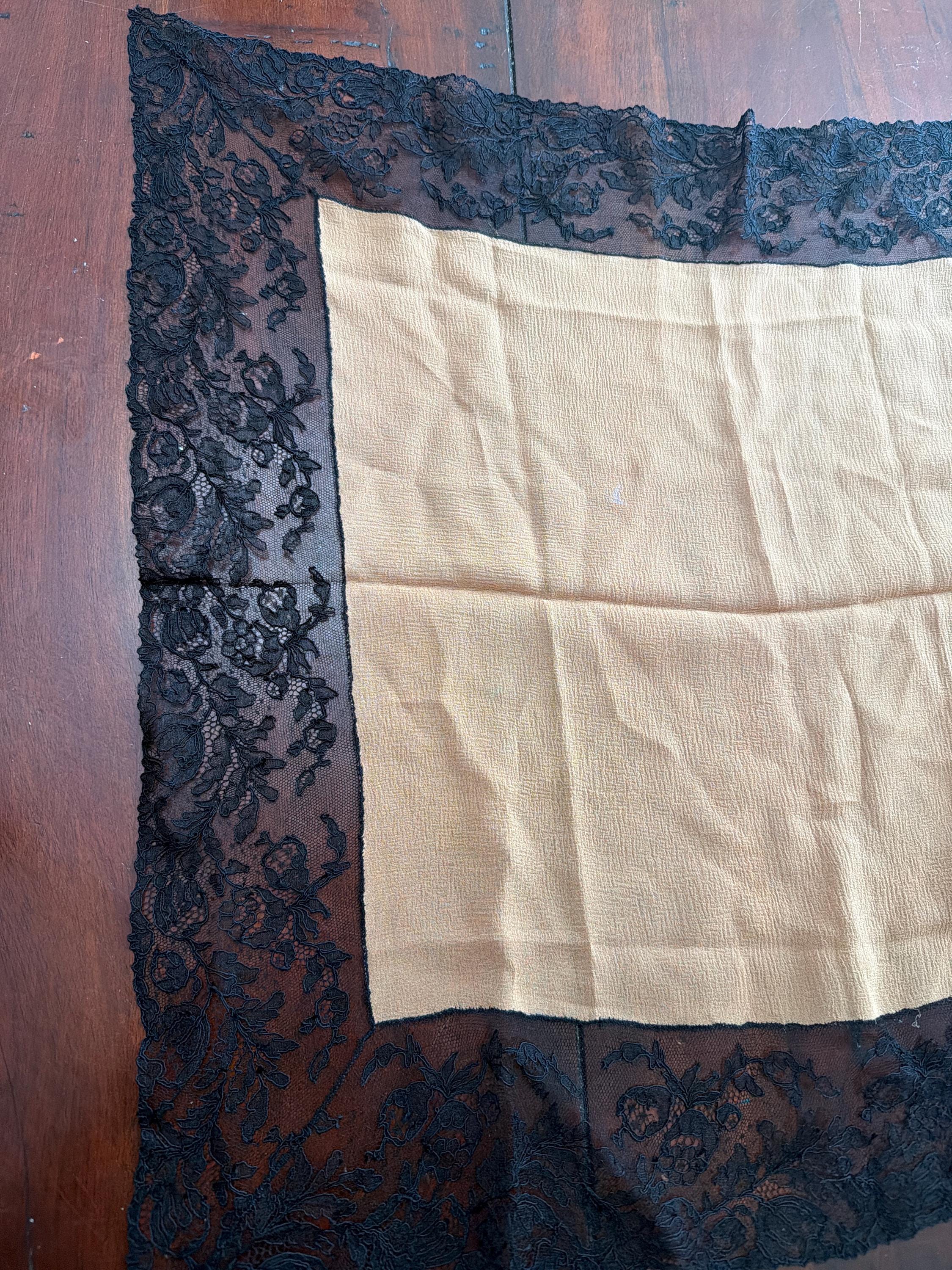Vintage French Silk Neckerchief | Black Lace Trim Gold Bandana Scarf
