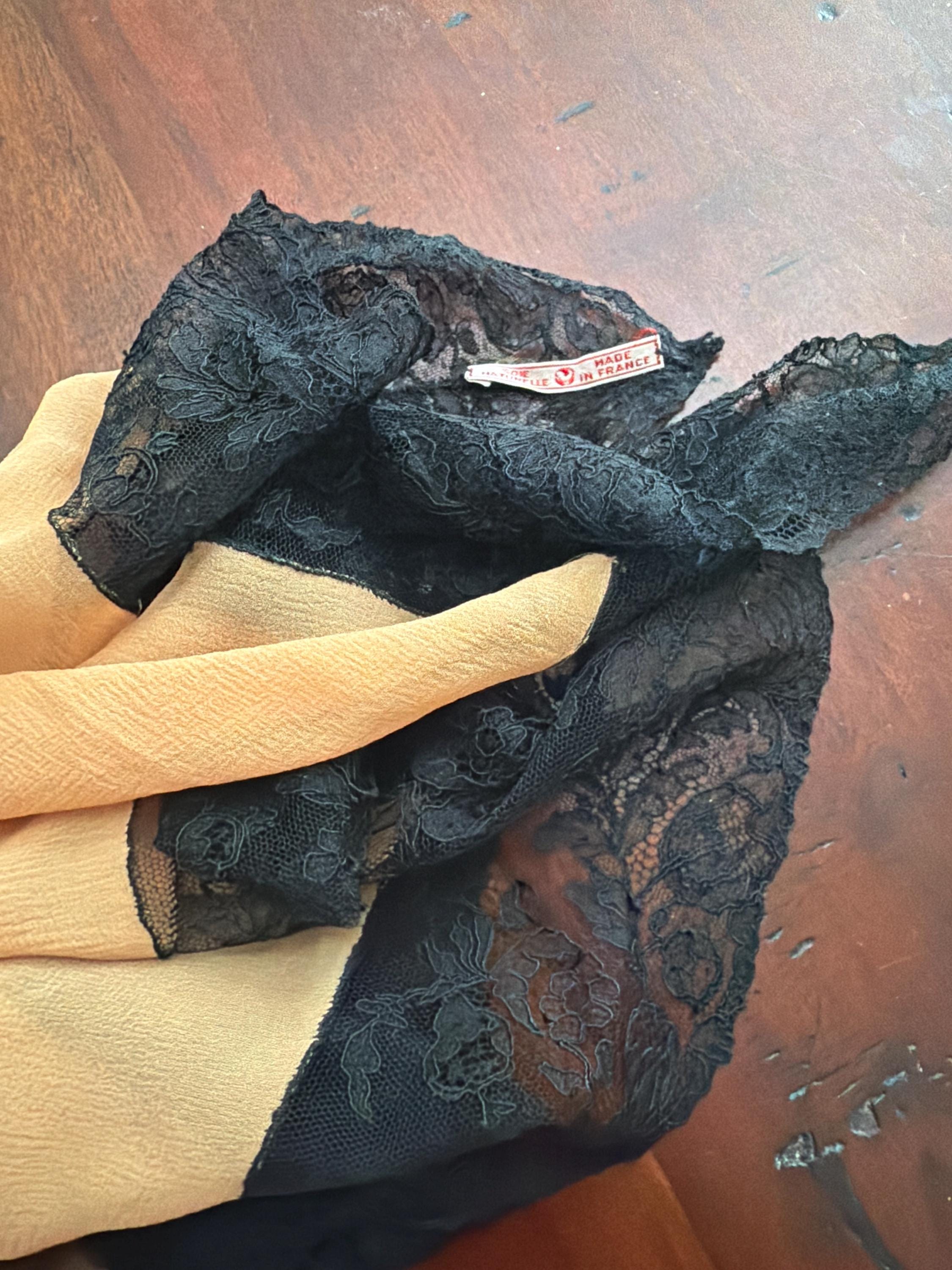 Vintage French Silk Neckerchief | Black Lace Trim Gold Bandana Scarf