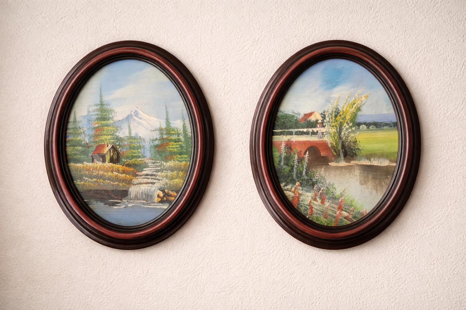 Set of 2 Vintage Oval Oil Paintings | Framed Landscape Art, Cottagecore Decor