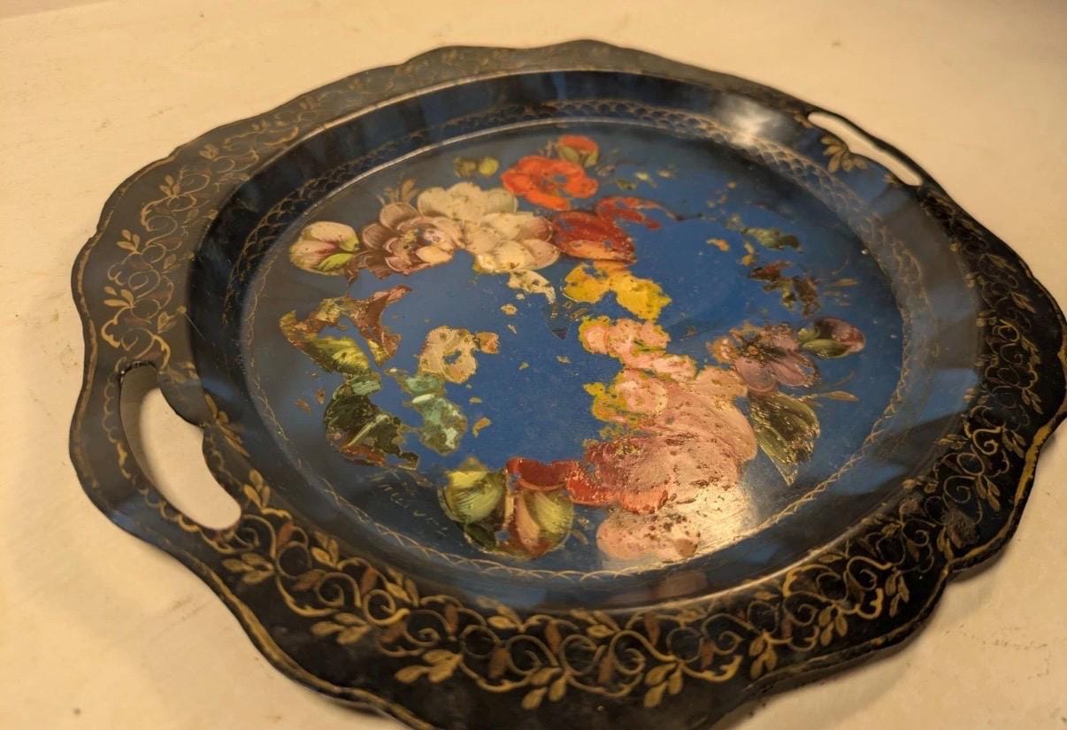 Vintage Hand Painted Floral Metal Tray | Blue Gilt Scrollwork Cottage Kitchen Decor
