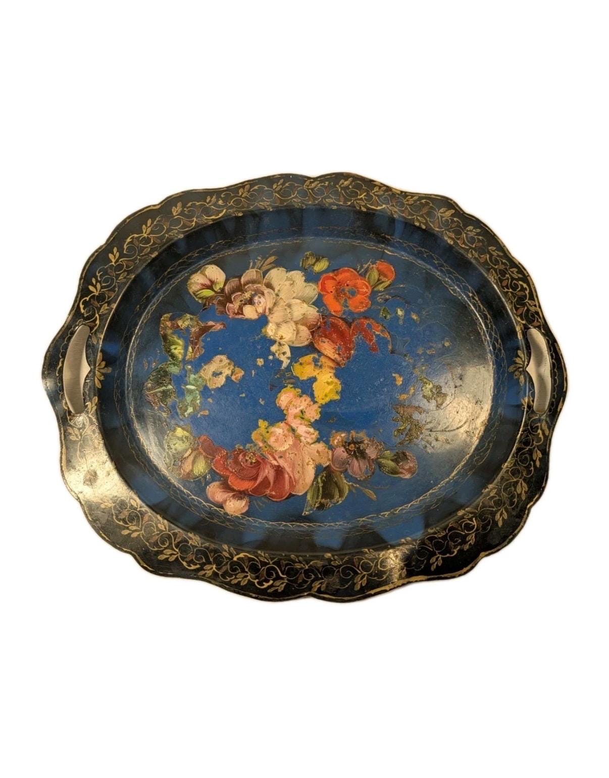 Vintage Hand Painted Floral Metal Tray | Blue Gilt Scrollwork Cottage Kitchen Decor