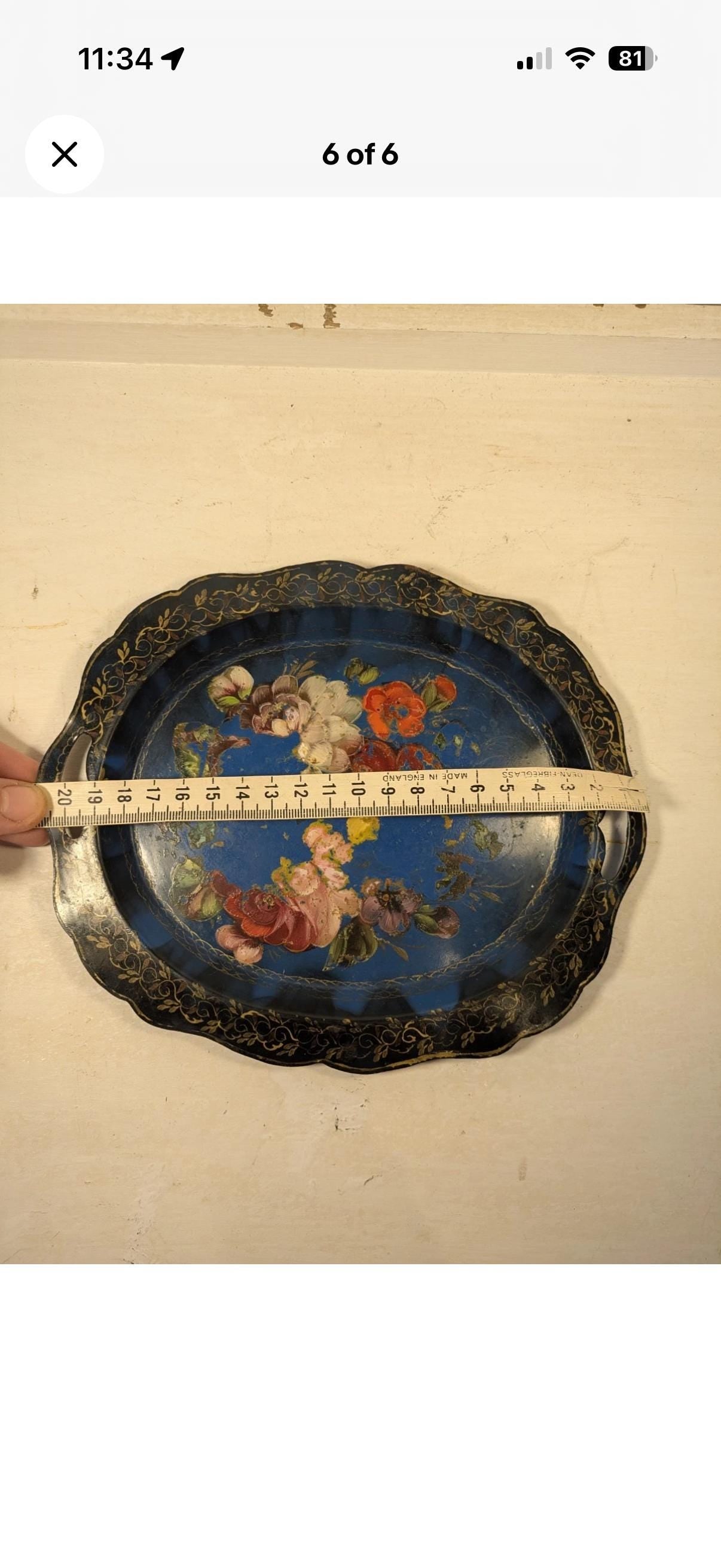 Vintage Hand Painted Floral Metal Tray | Blue Gilt Scrollwork Cottage Kitchen Decor