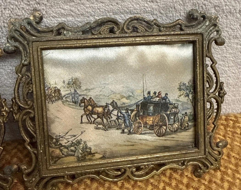 Vintage Silk Prints, Horse Carriage Scenes, Ornate Metal Frames (Set of 2)
