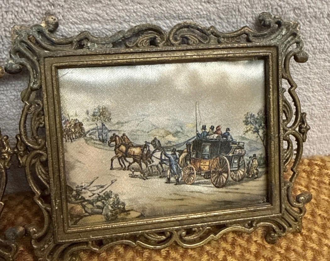Vintage Silk Prints, Horse Carriage Scenes, Ornate Metal Frames (Set of 2)