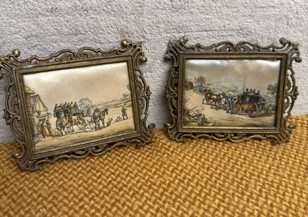 Vintage Silk Prints, Horse Carriage Scenes, Ornate Metal Frames (Set of 2)