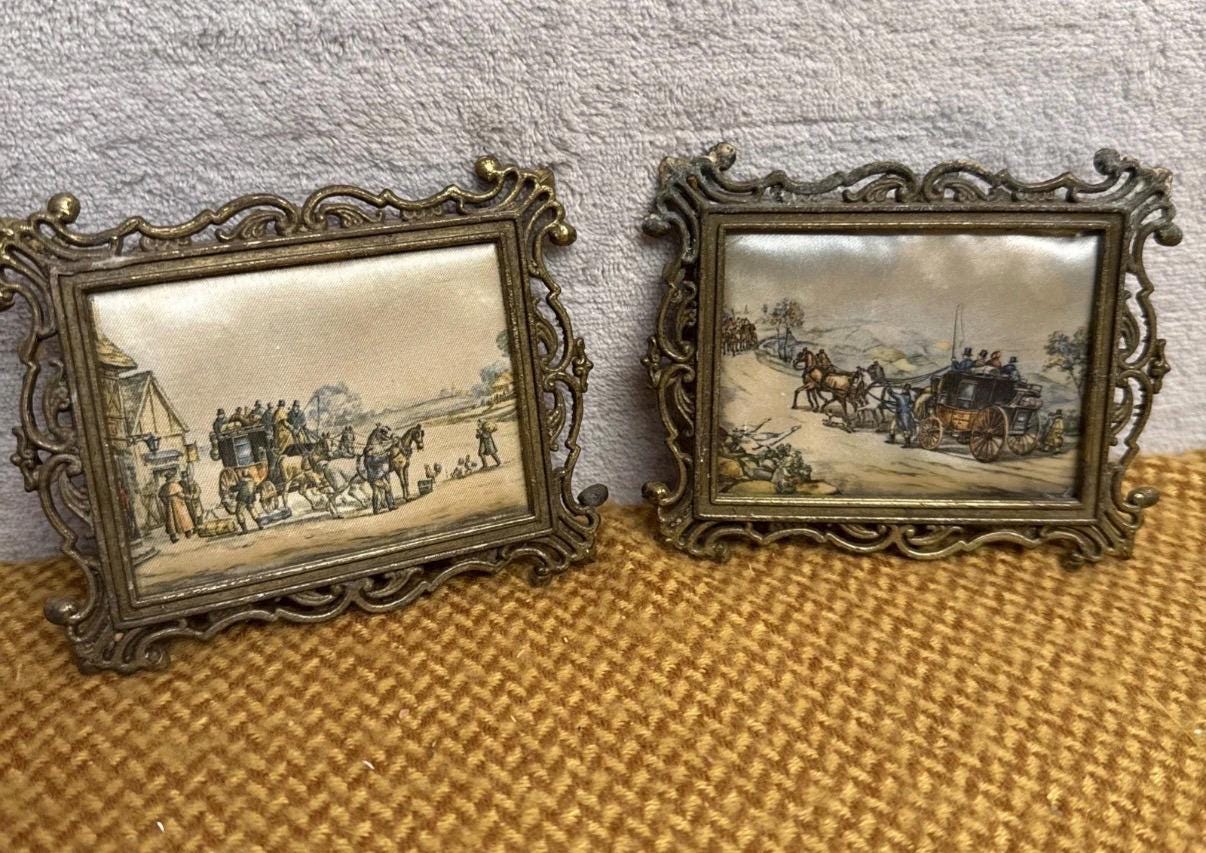Vintage Silk Prints, Horse Carriage Scenes, Ornate Metal Frames (Set of 2)