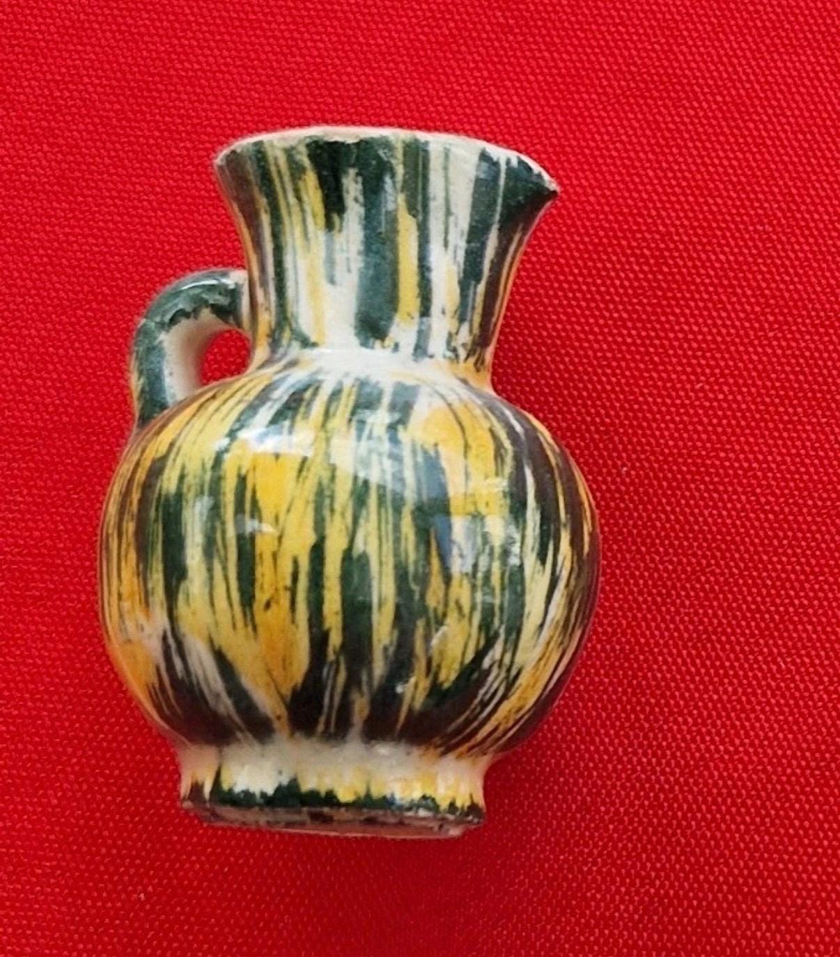 Vintage Miniature Jug | Hand-Painted Drip Glaze Pottery, Rustic Cottage Decor