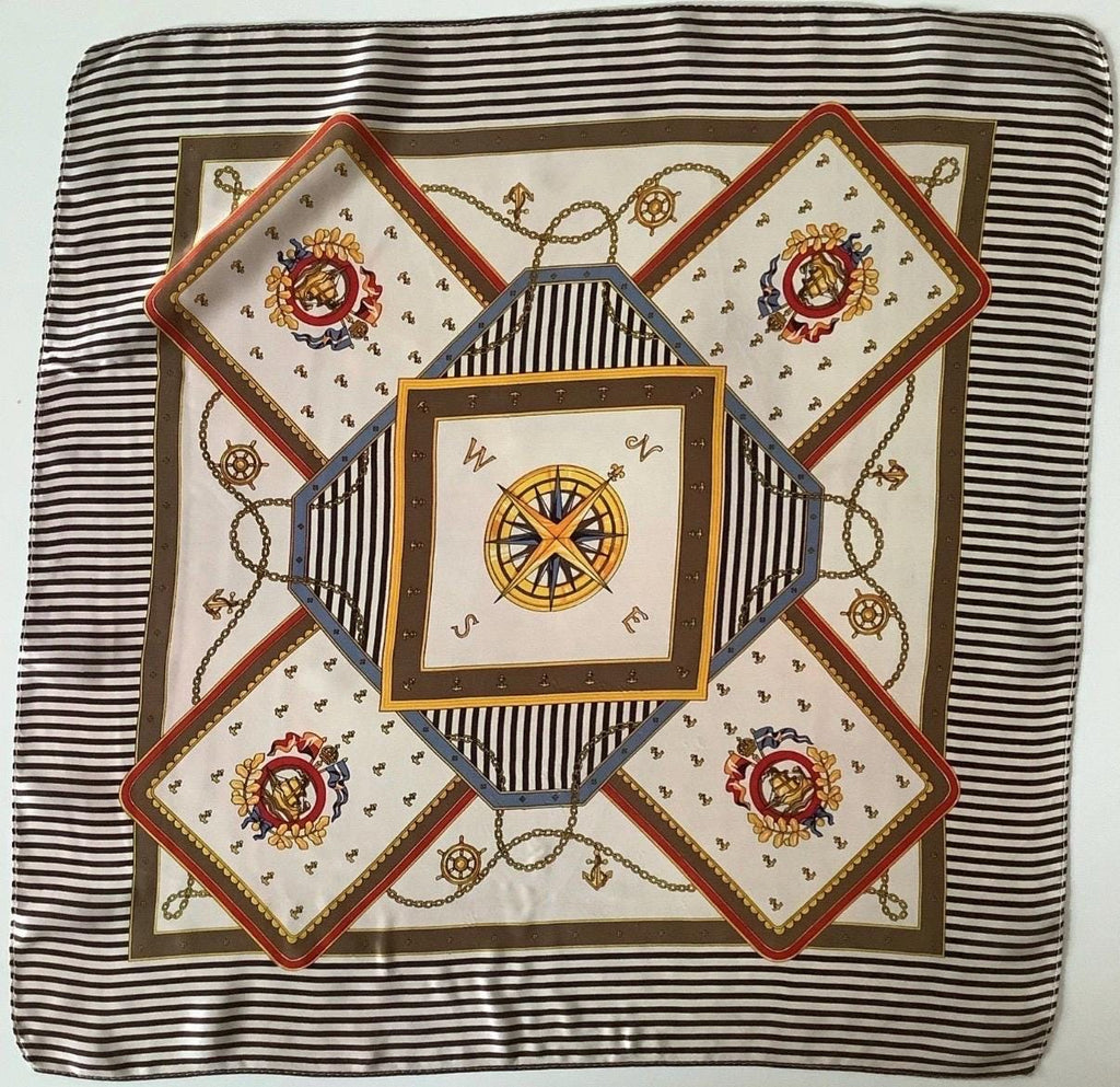 Vintage Nautical Silk Scarf | Compass Anchor Print Neckerchief (21" Square)