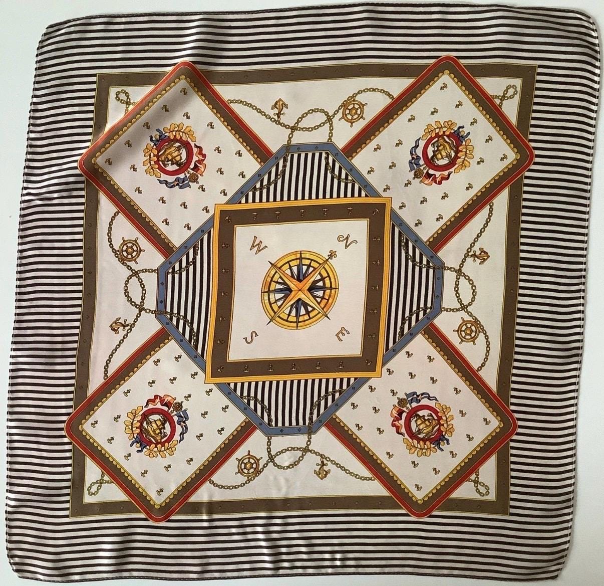 Vintage Nautical Silk Scarf | Compass Anchor Print Neckerchief (21" Square)