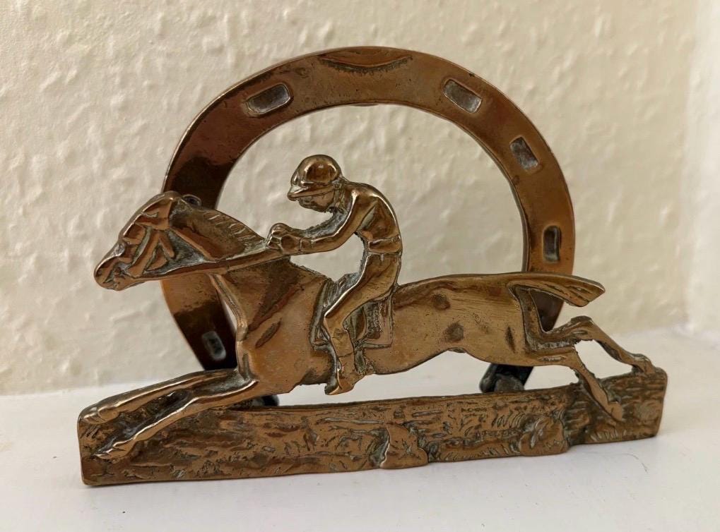 Vintage Brass Horse Racing Letter Rack | Jockey Horseshoe Desk Organizer