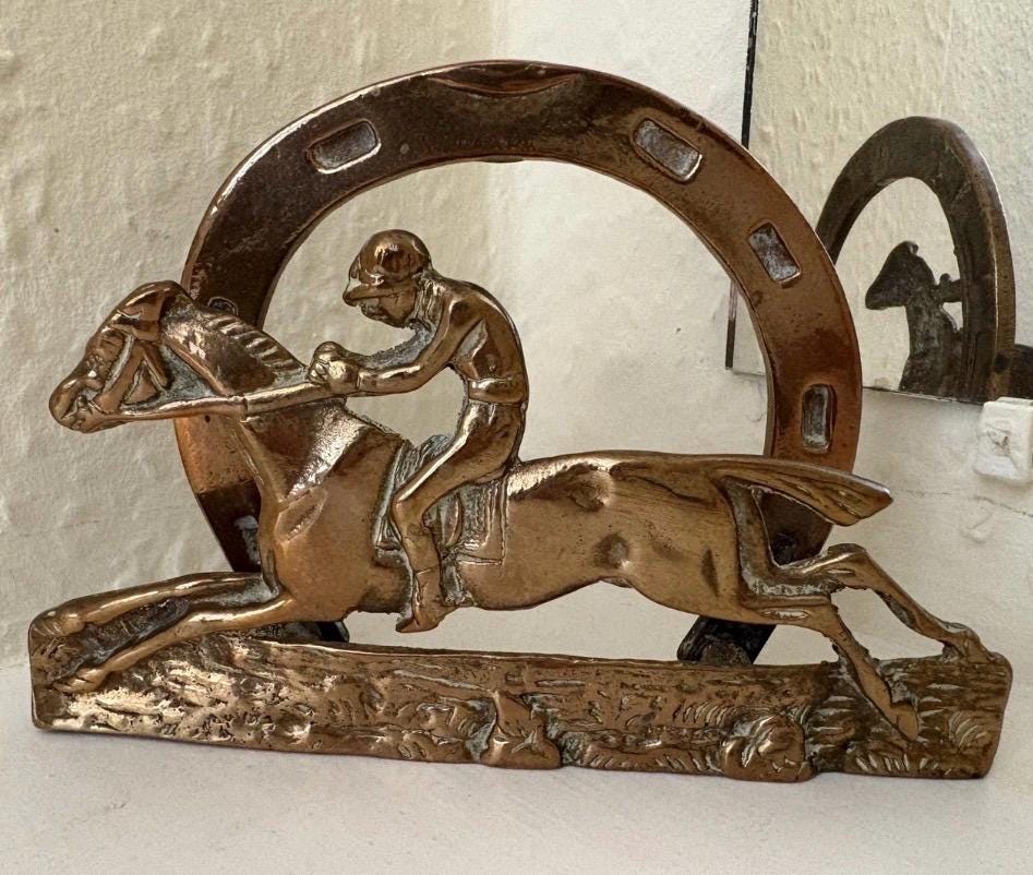 Vintage Brass Horse Racing Letter Rack | Jockey Horseshoe Desk Organizer