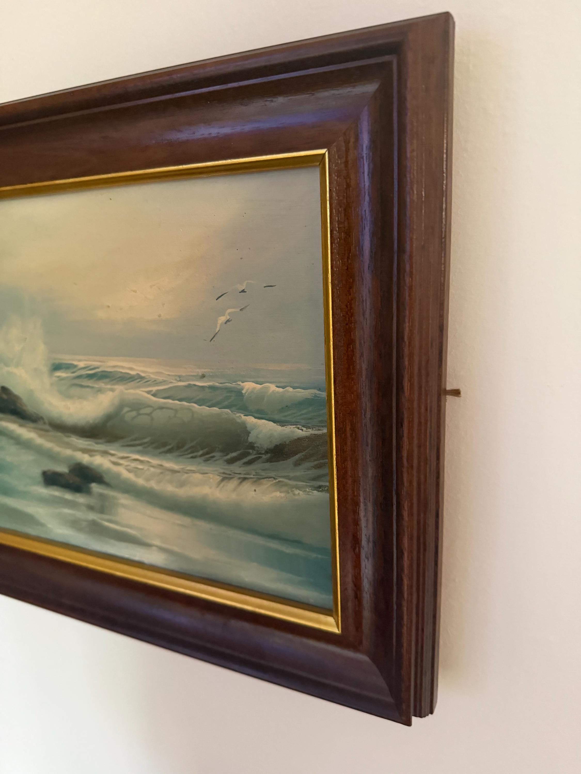 Vintage Seascape Oil Painting | Framed Coastal Wave Artwork, Traditional Marine Art