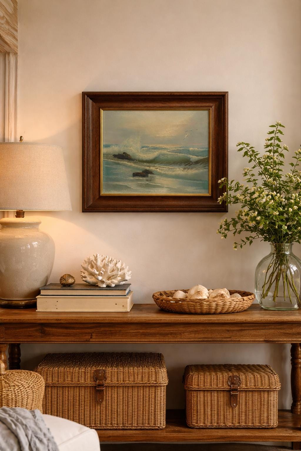 Vintage Seascape Oil Painting | Framed Coastal Wave Artwork, Traditional Marine Art