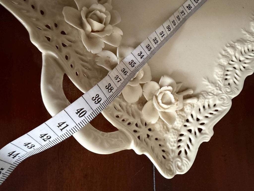 Vintage Cream Ceramic Rose Serving Tray | Pierced Edge Platter with Handles