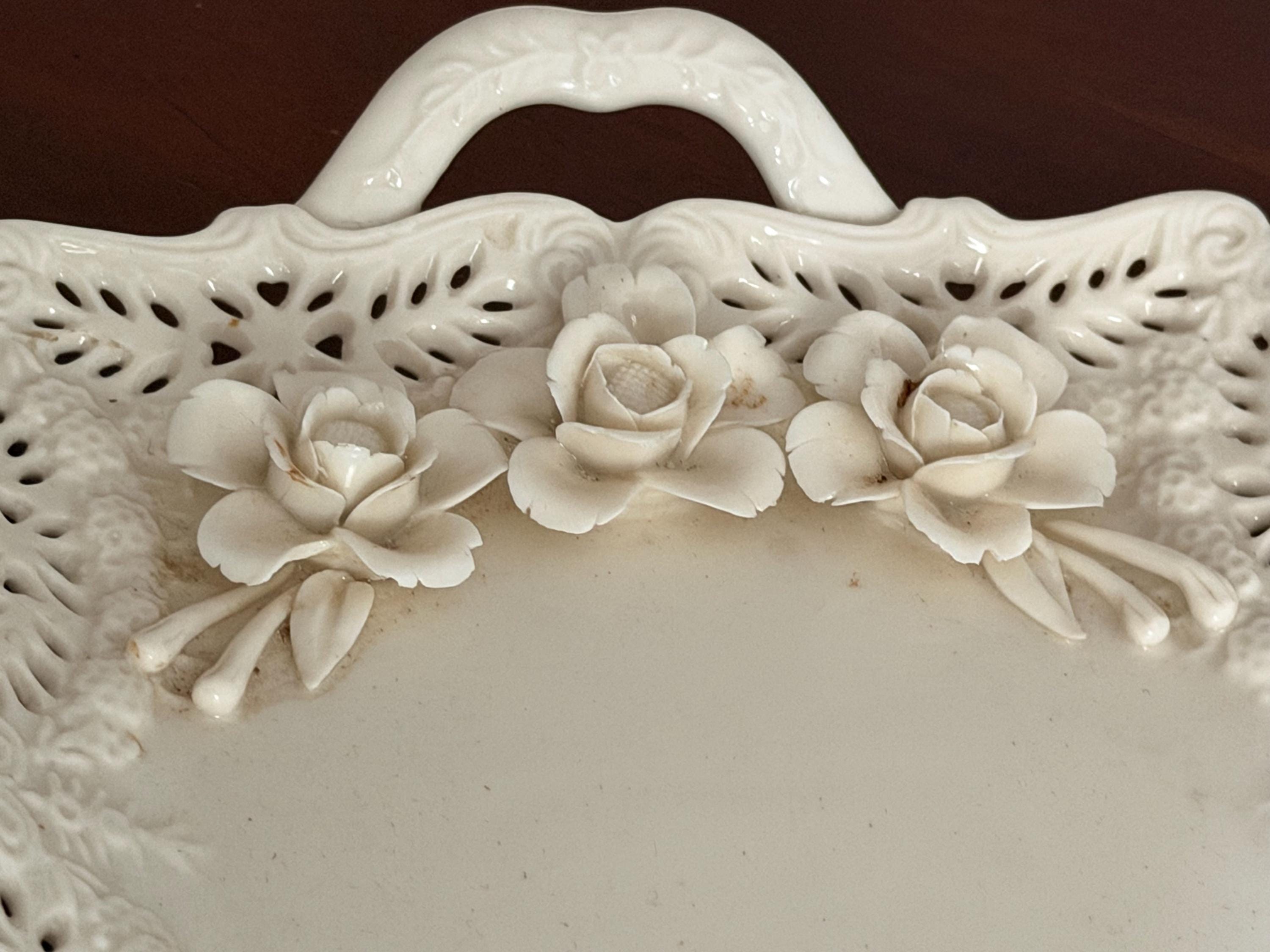 Vintage Cream Ceramic Rose Serving Tray | Pierced Edge Platter with Handles