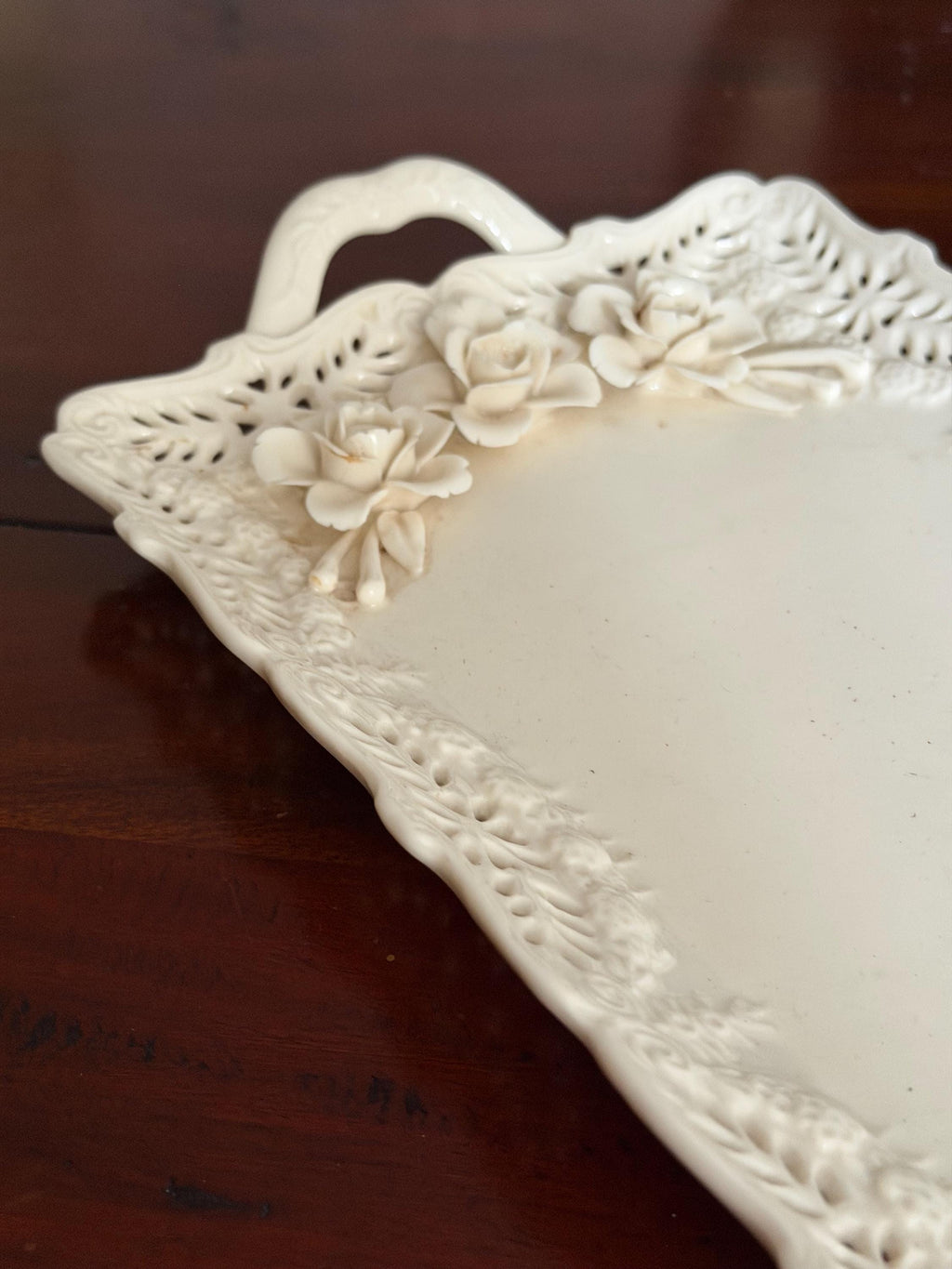 Vintage Cream Ceramic Rose Serving Tray | Pierced Edge Platter with Handles