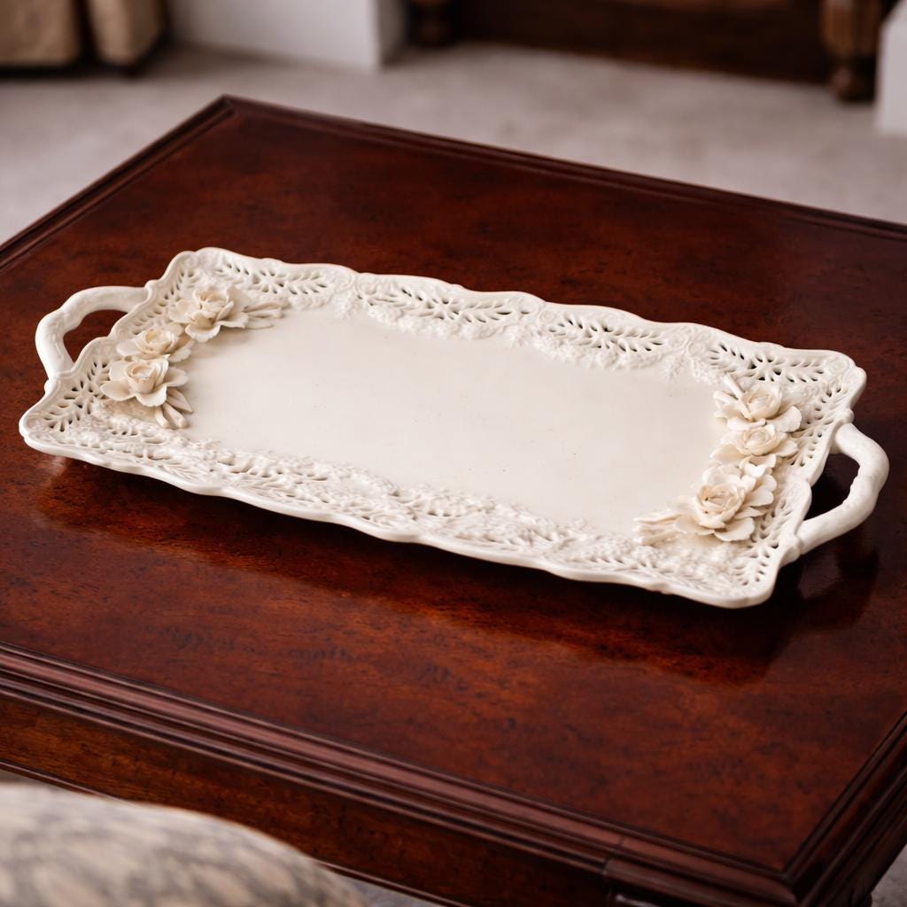 Vintage Cream Ceramic Rose Serving Tray | Pierced Edge Platter with Handles