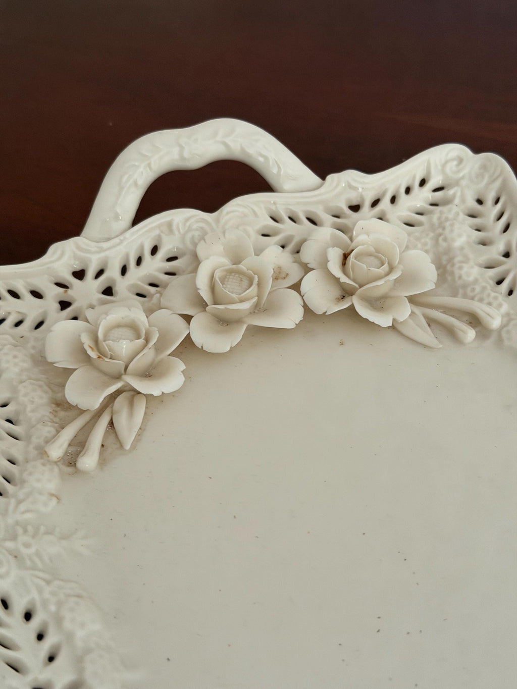 Vintage Cream Ceramic Rose Serving Tray | Pierced Edge Platter with Handles