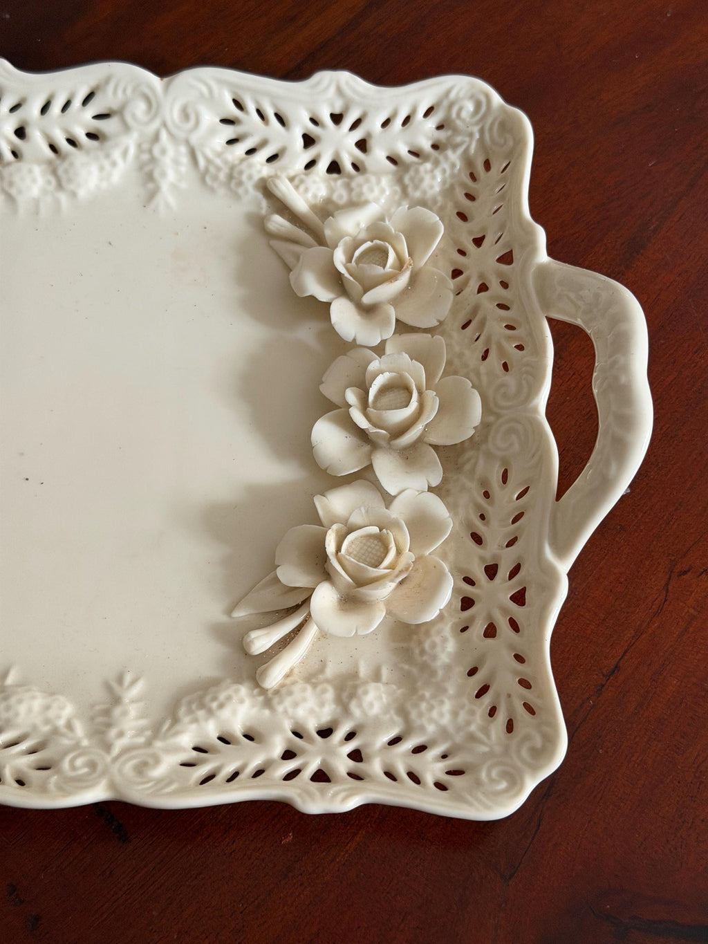 Vintage Cream Ceramic Rose Serving Tray | Pierced Edge Platter with Handles