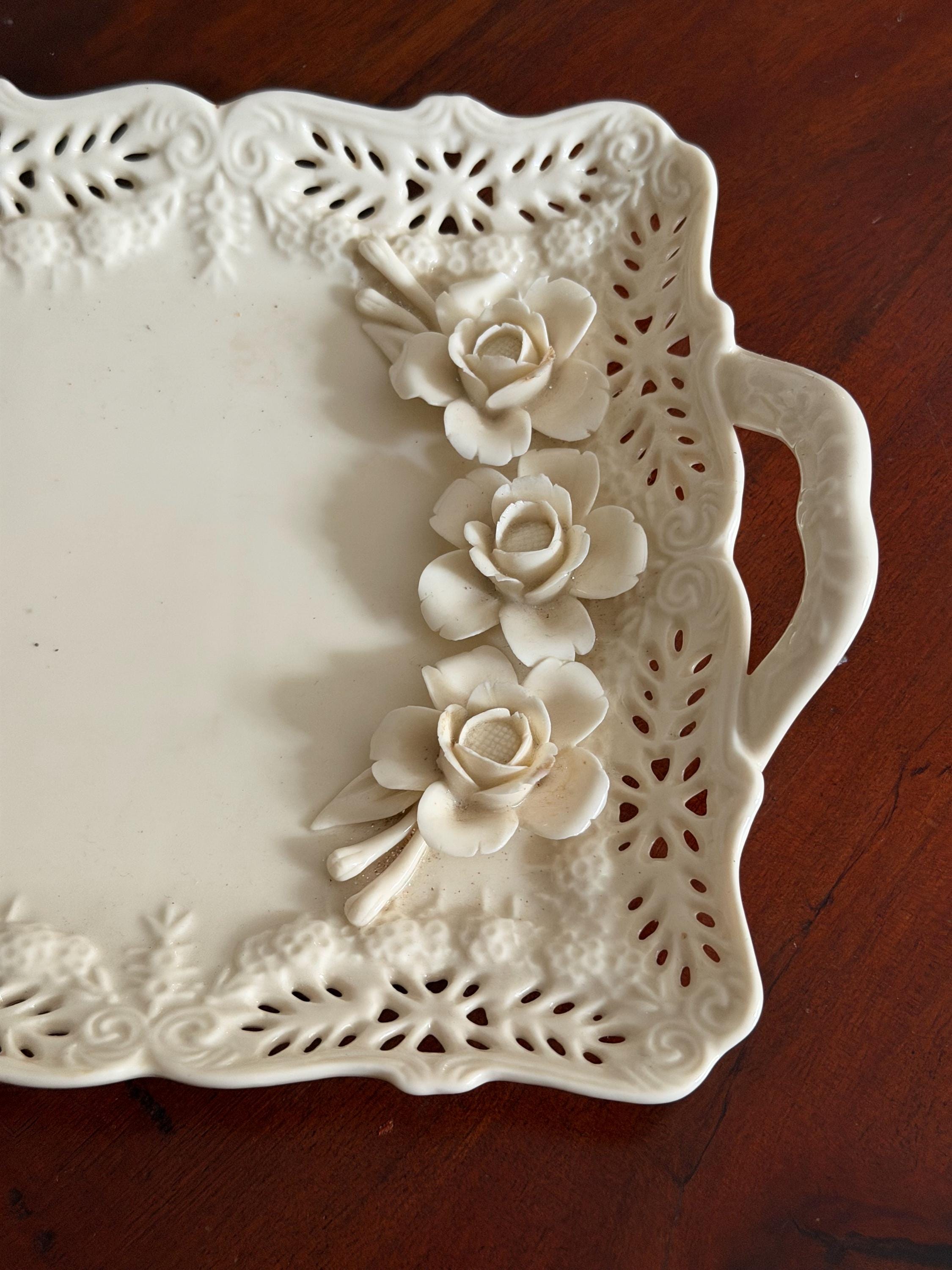 Vintage Cream Ceramic Rose Serving Tray | Pierced Edge Platter with Handles