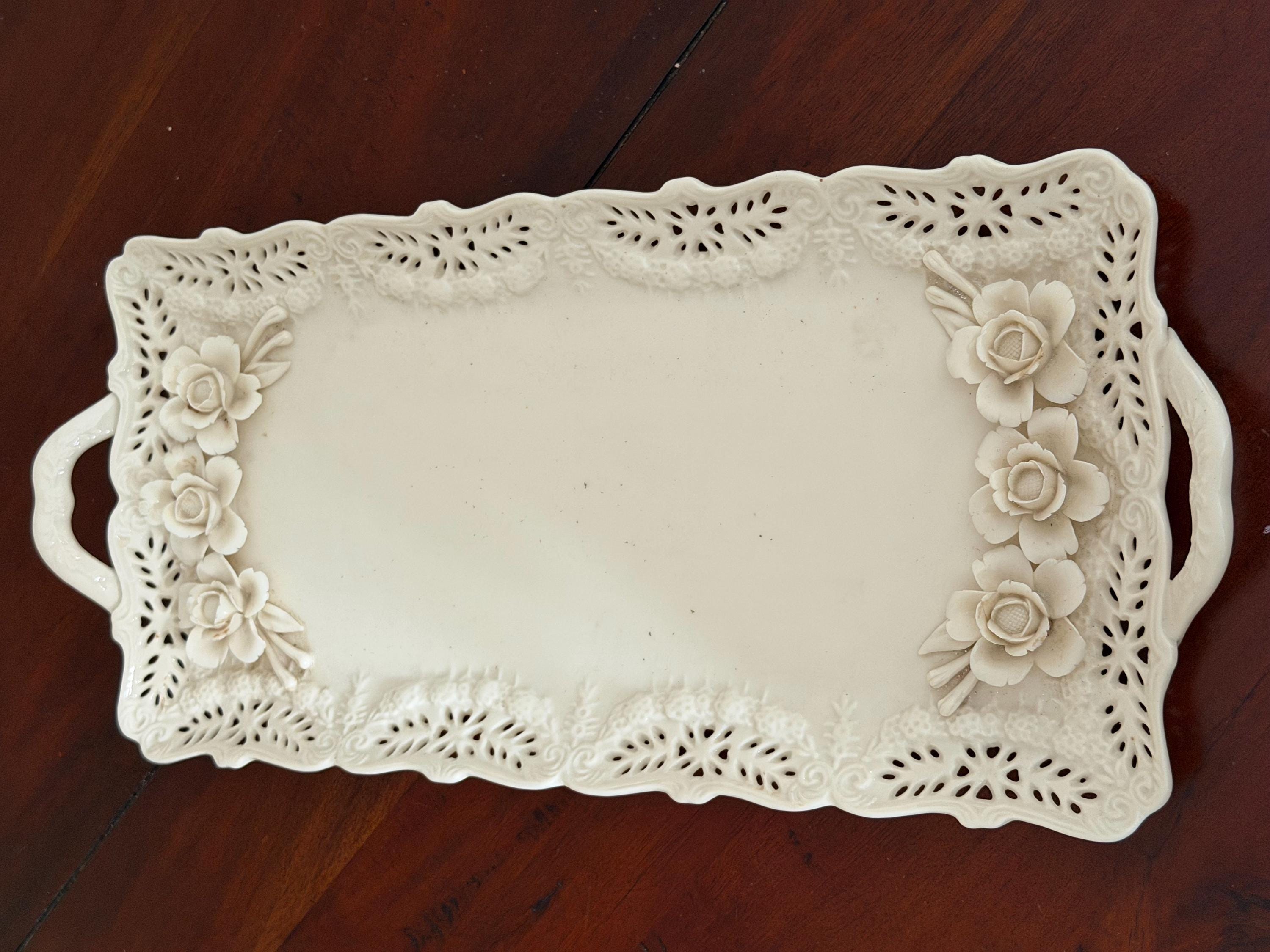 Vintage Cream Ceramic Rose Serving Tray | Pierced Edge Platter with Handles